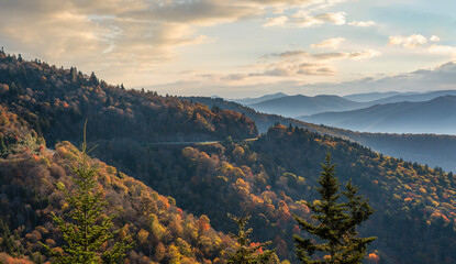 Autumn sunrise and fig at the Waterrock Knob visitor center on the Blue Ridge Parkway - North...