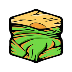 Lake sunset sticker vector. Sunset view with house and mountain illustration, Sunset sticker vector.