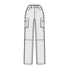Set of Jeans cargo Denim pants technical fashion illustration with normal waist, high rise, pockets, belt loops, full lengths. Flat bottom template front, grey color style. Women, men CAD mockup