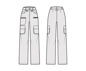 Ski pants technical fashion illustration with low waist, high rise, flap zipper patch pockets, belt loops, full lengths. Flat apparel template front back grey color style. Women, men unisex CAD mockup