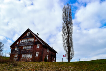 Obraz premium The traditional, wooden, swiss houses with a garden against mountains.
