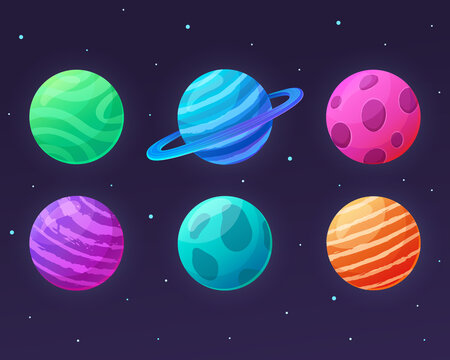 Vector set of bright colored planets. Space illustration in cartoon style. Universe multicolored collection. Planet with craters

