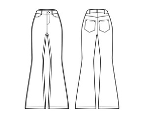 Jeans flared bottom Denim pants technical fashion illustration with full length, normal waist, high rise, Rivets. Flat bottom apparel template front back white color style. Women men unisex CAD mockup