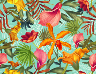 Seamless pattern with Tropical flowers and leaves design. Stylish trendy fashion floral pattern. Floral Texture for fabric.
