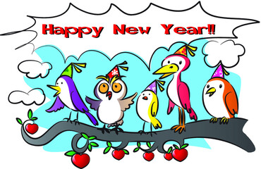 vector cartoon birds greeting card: happy new year