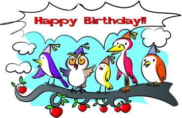 vector cartoon birds greeting card: happy birthday