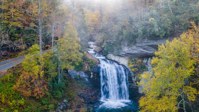 Autumn view of Looking Glass Falls in the Pisgah National Forest near brevard