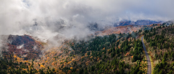 Dramatic autumn weather - with clouds, fog and sun - in the Blue Ridge Mountains