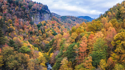 Morning Autumn view of Cullasaja Gorge on US Highway 64,  Mountain Waters Scenic Highway & Waterfall Byway near Highlands, North Carolina - Nantahala National Forest