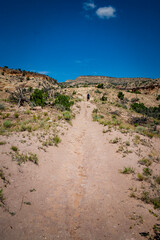 Tourist hikes through trail near Abiquiu
