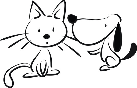 vector cartoon cat and dog black and white