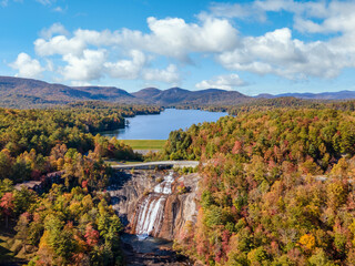 Autumn time at Lake Toxaway Falls - near Brevard, North Carolina - scenic drive on Highway 64