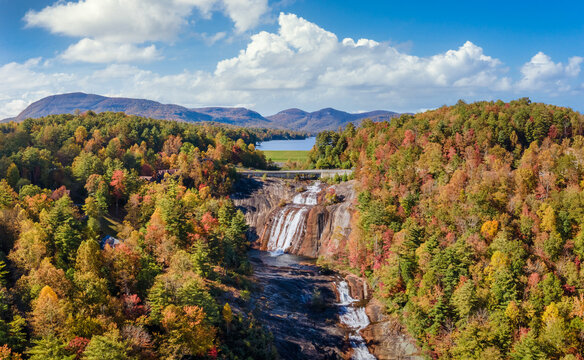 Autumn time at Lake Toxaway Falls - near Brevard, North Carolina - scenic drive on Highway 64