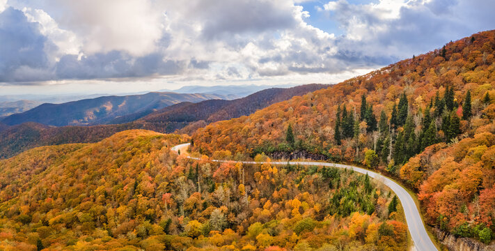 Scenic Autumn Drive on the southern portion of the Blue Ridge Parkway in North Carolina Mountains