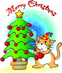 vector cartoon cat with Christmas tree