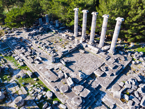 Top view of the temple of Athena Polias in the ancient Priene. Turkey