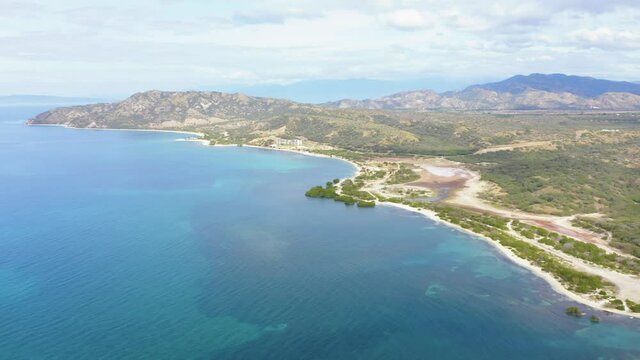 aerial view of sabana buey coastline with dune beach lonely isolated peacful holiday destination, unpolluted remote area.