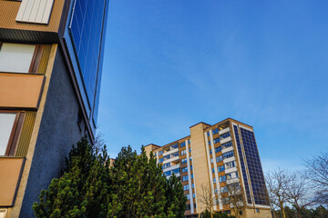 Stockholm, Sweden Solar panels on the facade of a residential building in Jakbobsberg.