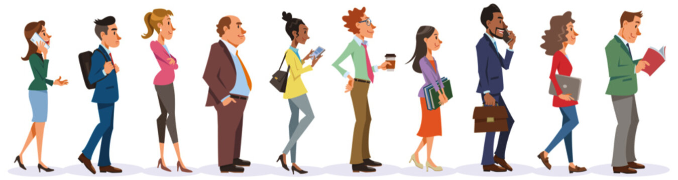 Set of business people standing in line. Diverse office workers standing with smile on white background. Vector illustration in flat cartoon style.