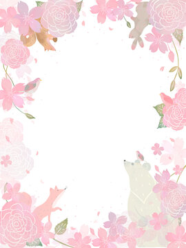 桜の花と春の北欧風花柄と動物のかわいいフレームイラスト素材
