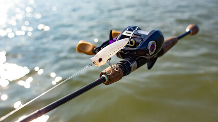 Bass casting fishing rod accessory with popper bait.