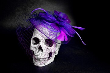 Fake skull with vintage purple hat and dark background.