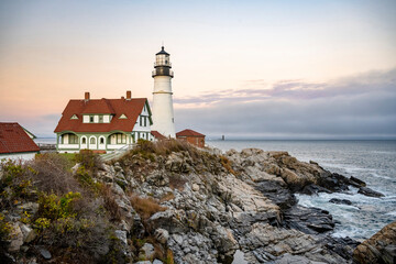 Fototapeta na wymiar Active lighthouse on the Atlantic coast in Maine