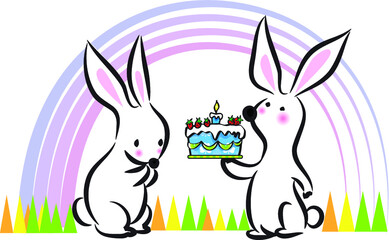 Obraz na płótnie Canvas vector cartoon rabbit give a birthday cake