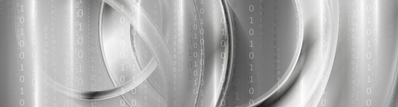 Silver metallic technology abstract banner design with binary code. Futuristic vector background