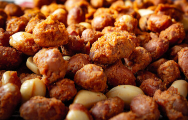 View of dry masala peanuts. Spicy peanuts with a coat of spices and fried