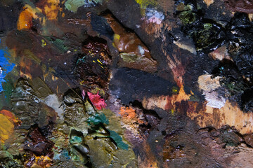 Background of an artist's palette with mixed dried acrylic paints. An abstract artwork. 