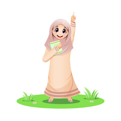 Cute Muslim girl pointing up with quran book