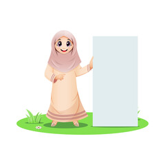 Cute Muslim girl standing with blank sign