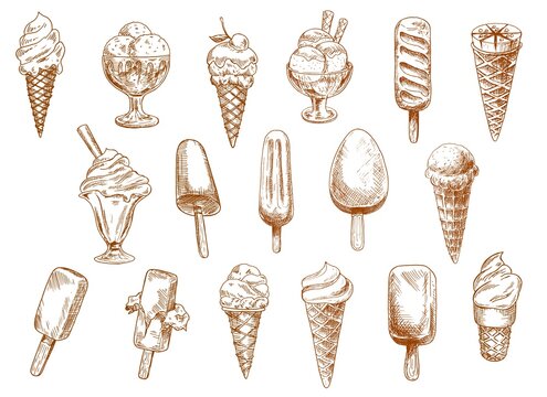Sundae, gelato and sorbet popsicle ice cream sketch set. Ice cream in waffle cone, sundae balls in glass bowl and frozen juice on wooden stick isolated engraved vector. Gelateria or cafe desserts