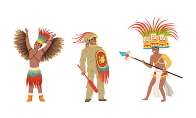 Native American Indians Men in Traditional Clothes Set, Ancient Warriors and Shaman Characters Cartoon Vector Illustration