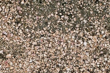 Small pebbles mixed with dirt, closeup image directly above. Natural environment with textures and details.