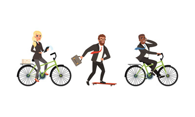 Business People Using Personal Eco Friendly Transport Set, People Riding Bike and Skateboard Cartoon Vector Illustration © topvectors