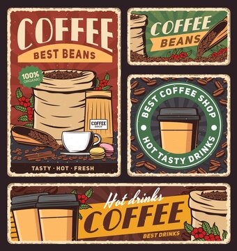 Coffee cup and bag of roasted beans vector banners of cafe hot drinks or beverages. Takeaway paper cups of espresso, cappuccino or latte, scoop of beans, fresh coffee berry and macaron cakes