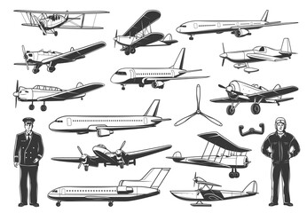 Modern and vintage airplanes, civil and military pilot characters. Passenger airliner, business jet and training aircraft, army retro propeller monoplane and biplane fighter, plane control yoke vector