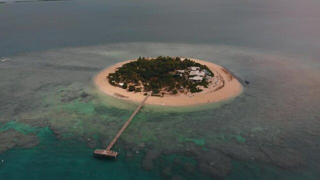 Aerial View Sandy Tropical Island Surrounded By Reef, Malamala Beach Club, Fiji Islands