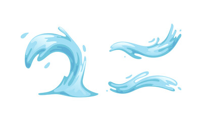 Blue Water Waves Set, Water Splashes Cartoon Vector Illustration on White Background