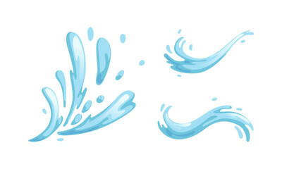 Fototapeta na wymiar Blue Water Splashes and Waves Set, Purity, Ecology, Cosmetic and Beauty Cartoon Vector Illustration