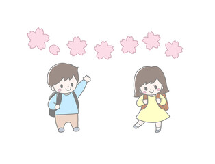 ランドセルを背負ったかわいい小学生と並んだ桜の花の春の入学進級手描き風イラスト