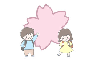 Obraz na płótnie Canvas 大きな桜の花をバックにランドセルを背負ったかわいい小学生達の春の入学進級手描き風イラスト