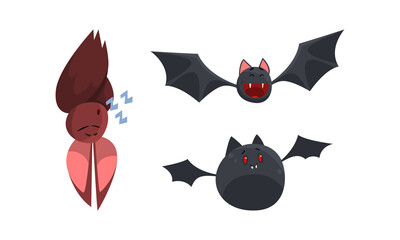 Cute Bats Set, Funny Halloween Animal Characters Cartoon Vector Illustration