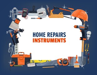 Repair tool vector frame of house construction, carpentry, painting, DIY, renovation and electrical equipment. Toolbox, hammer, drill and pliers, helmet, brush, paint, light bulb and electricity meter