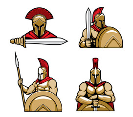Spartan warrior character mascots cartoon vector. Greec hoplites standing with bronze shield, wearing red cape and faced helmet with corinthian and tranverse crests, armed xiphos sword and spear - obrazy, fototapety, plakaty
