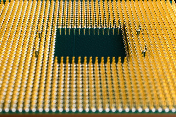 Computer processor, macro. CPU close-up. Selective focus. Blurred background