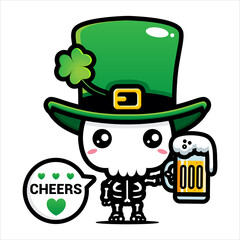 cute cartoon skull vector design wearing st patrick costume and holding a beer on patrick's day