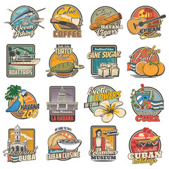 Naklejka premium Cuba and havana travel, tourist attractions and food retro icons set. Ocean fishing, coffee and havana cigars, classical guitar, boat trips and turtle island tours, zoo, Columbus museum and food badge